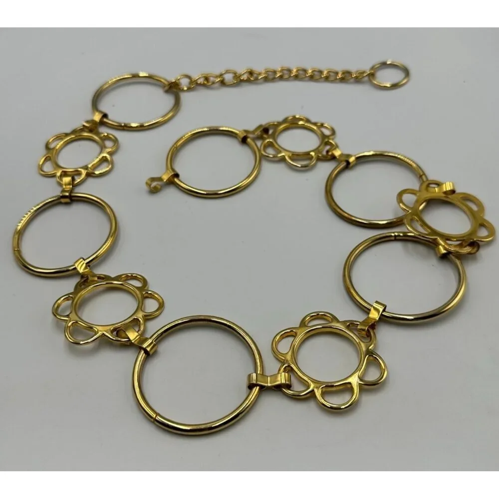 Gold Tone Floral Circle Link Chain Belt Adjustable Statement MISSING CLASP